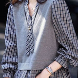 Elegant Commuter V‑Neck Ribbon‑Spliced Plaid Long‑Sleeve Shirt