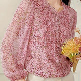 Exquisite Commuter Ruffled Stand‑Collared Floral Long‑Sleeve Shirt