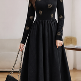 Elegant Graceful V‑Neck Beaded Long‑Sleeve Spliced Dress