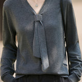 Elegant Commuter V‑Neck Ribbon Long‑Sleeve Knit Sweater