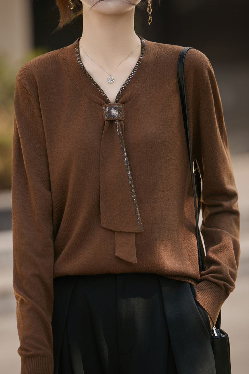 Elegant Commuter V‑Neck Ribbon Long‑Sleeve Knit Sweater