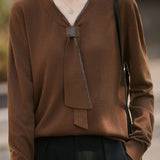 Elegant Commuter V‑Neck Ribbon Long‑Sleeve Knit Sweater