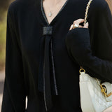 Elegant Commuter V‑Neck Ribbon Long‑Sleeve Knit Sweater