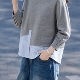 Casual Crew Neck Fake Two‑Piece Spliced Long‑Sleeve Sweatshirt