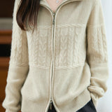 Casual Retro Cable‑Knit Spliced Zip‑Up Cardigan