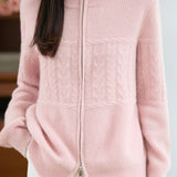 Casual Retro Cable‑Knit Spliced Zip‑Up Cardigan