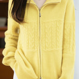 Casual Retro Cable‑Knit Spliced Zip‑Up Cardigan