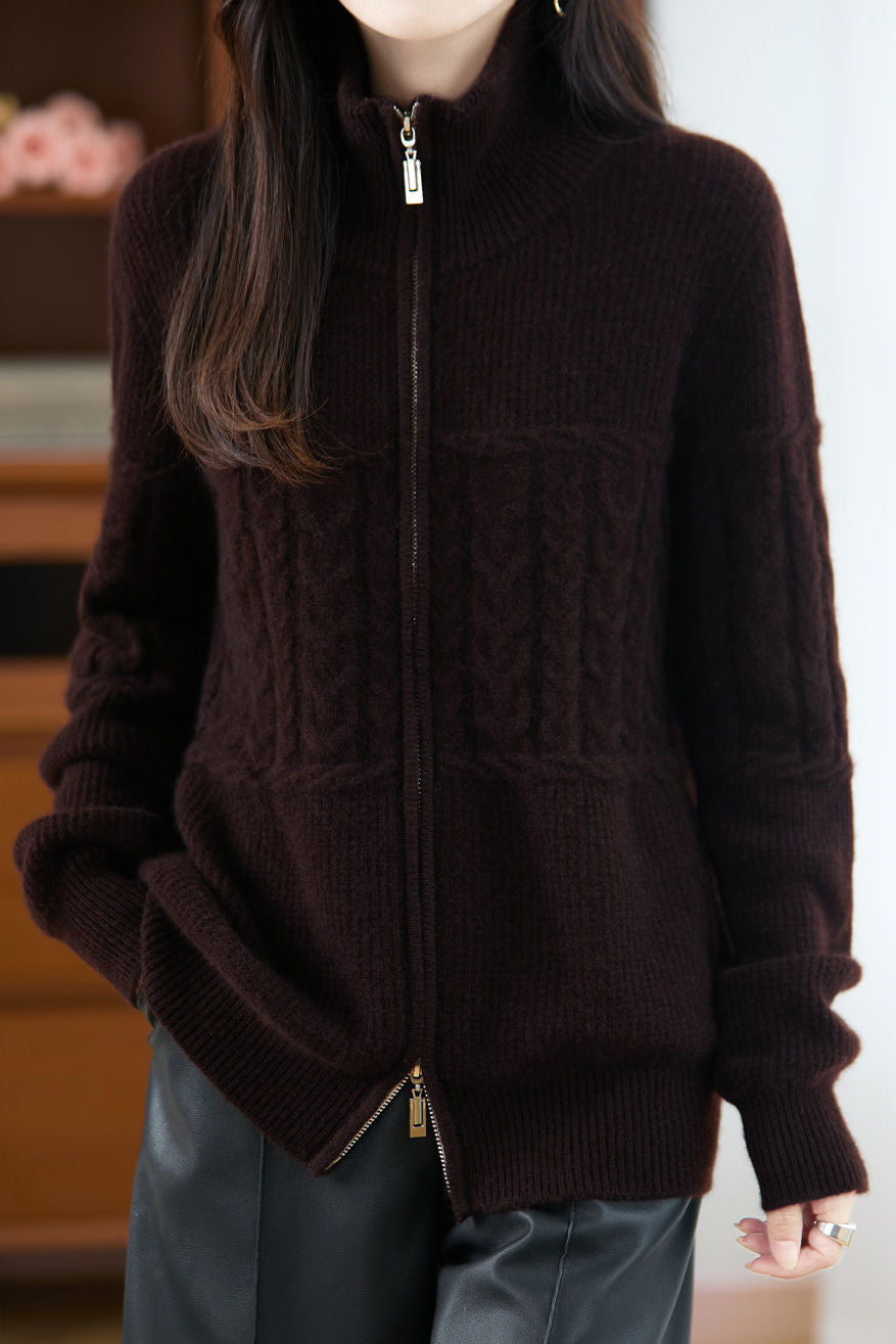 Casual Retro Cable‑Knit Spliced Zip‑Up Cardigan