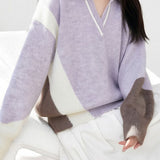 Casual Geometric Color‑Block Spliced Polo Collar Sweater