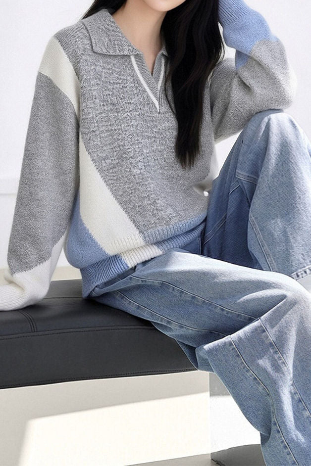 Casual Geometric Color‑Block Spliced Polo Collar Sweater