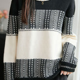 Casual Retro Geometric Jacquard Color‑Block Knit Sweater