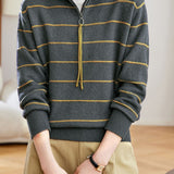 Casual Color‑Block Striped Drawstring Half‑Placket Knit Sweater