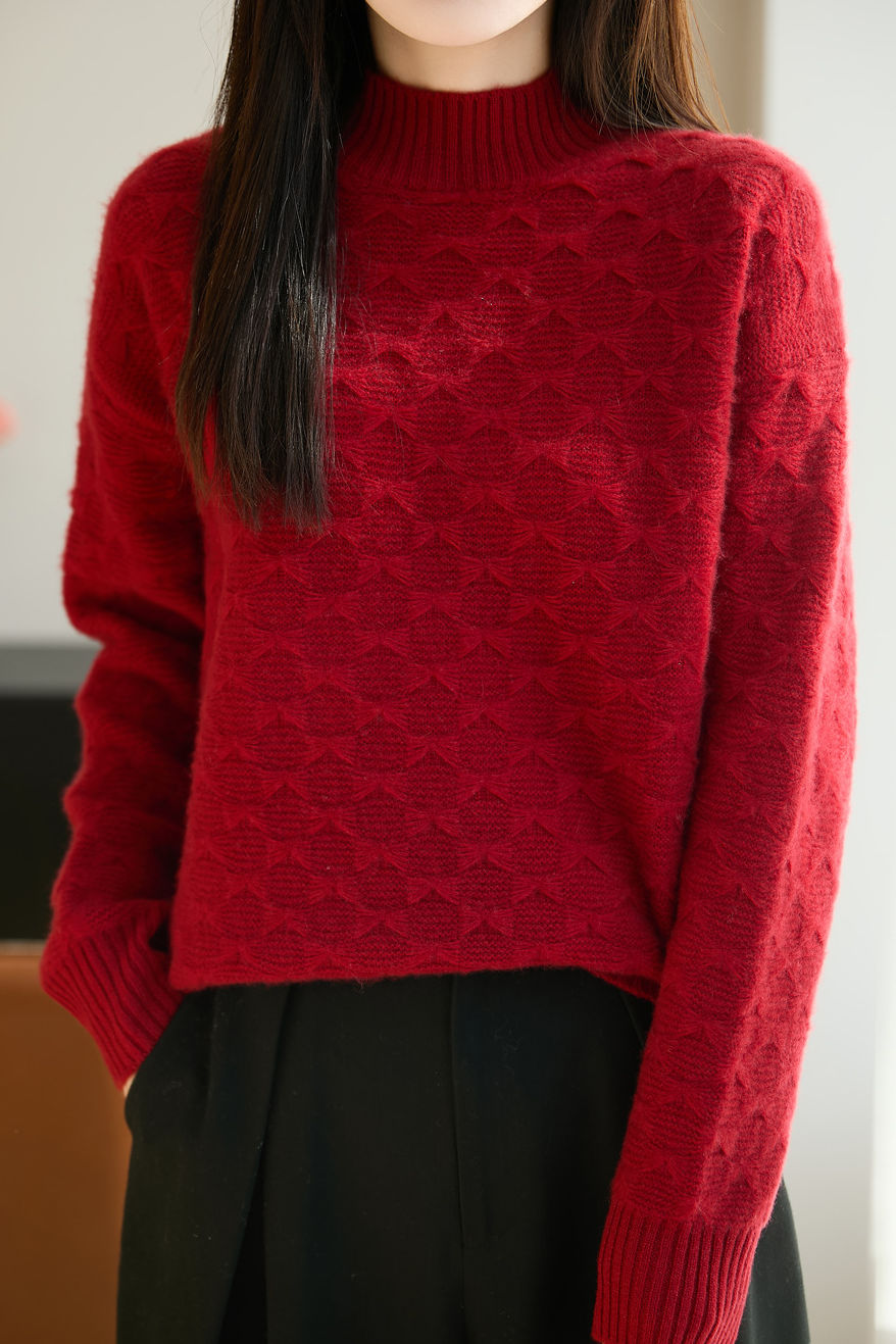 Elegant Geometric Plaid Mock Neck Knit Sweater