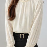 French‑Style Elegant Ruffled Stand Collar Vertical Texture Long‑Sleeve Shirt