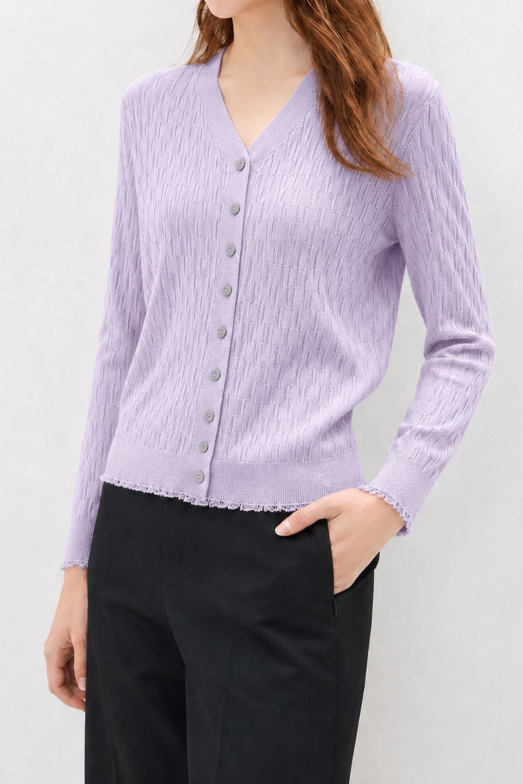 Elegant Commuter V‑Neck Textured Long‑Sleeve Knit Cardigan