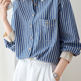 Elegant Casual Color‑Blocked Lapel Long‑Sleeve Striped Shirt