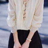Exquisite Elegant V‑Neck Tie Beaded Long‑Sleeve Shirt