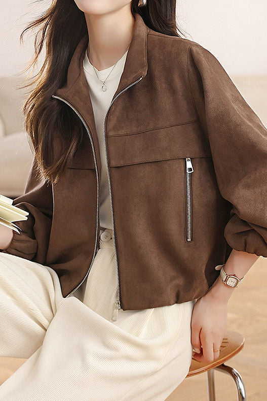 Elegant Commuter Small Stand Collar Zipper Long‑Sleeve Jacket