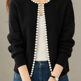 Elegant Pearl‑Trimmed Raw Edge Cardigan