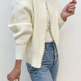 Elegant Pearl‑Trimmed Raw Edge Cardigan