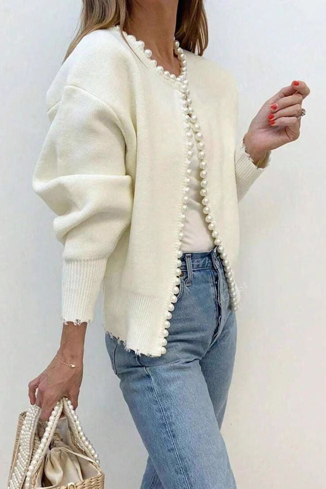 Elegant Pearl‑Trimmed Raw Edge Cardigan
