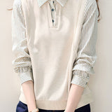 Elegant Fake Two‑Piece Striped Spliced Lace‑Trimmed Knit Top