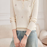 Elegant Floral Embroidery Polo Collar Knit Top