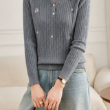 Elegant Floral Embroidery Polo Collar Knit Top