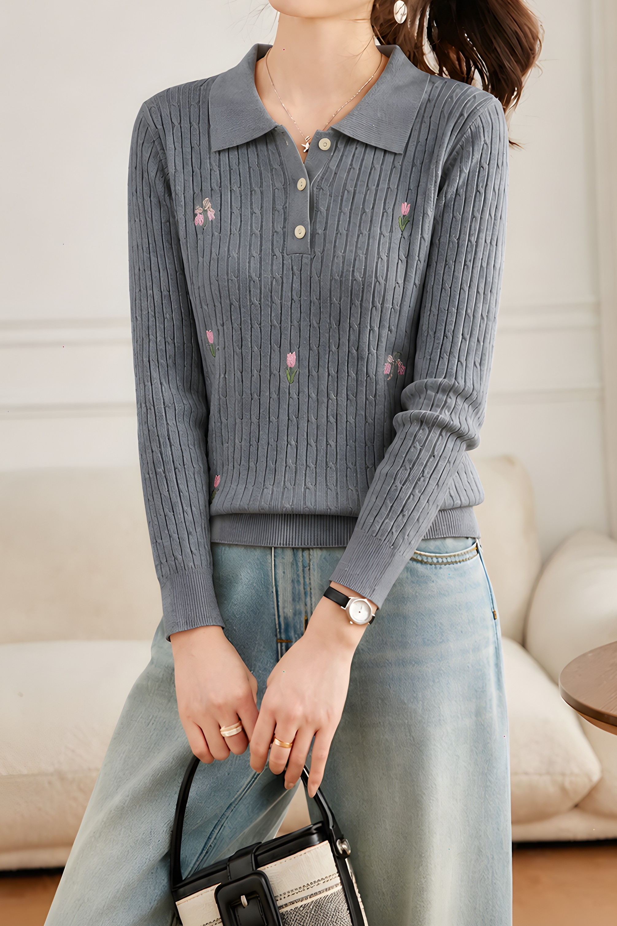 Elegant Floral Embroidery Polo Collar Knit Top