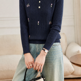 Elegant Floral Embroidery Polo Collar Knit Top