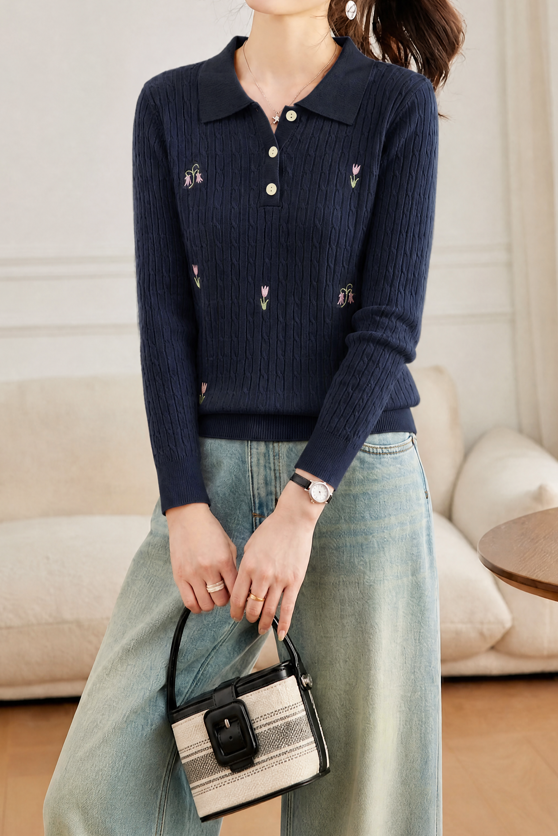 Elegant Floral Embroidery Polo Collar Knit Top