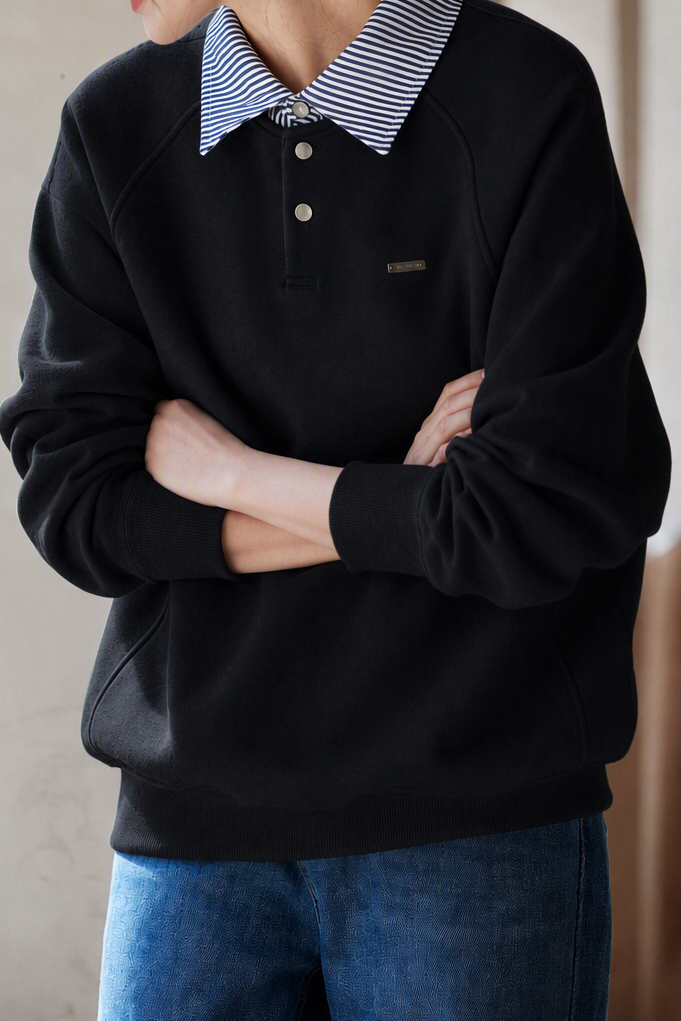Casual Fake Two‑Piece Striped Shirt Collar Raglan Sleeve Sweatshirt