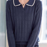 Color‑Block Trimmed Polo Collar Ribbed Knit Top