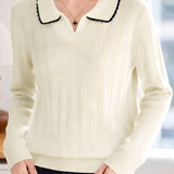 Color‑Block Trimmed Polo Collar Ribbed Knit Top