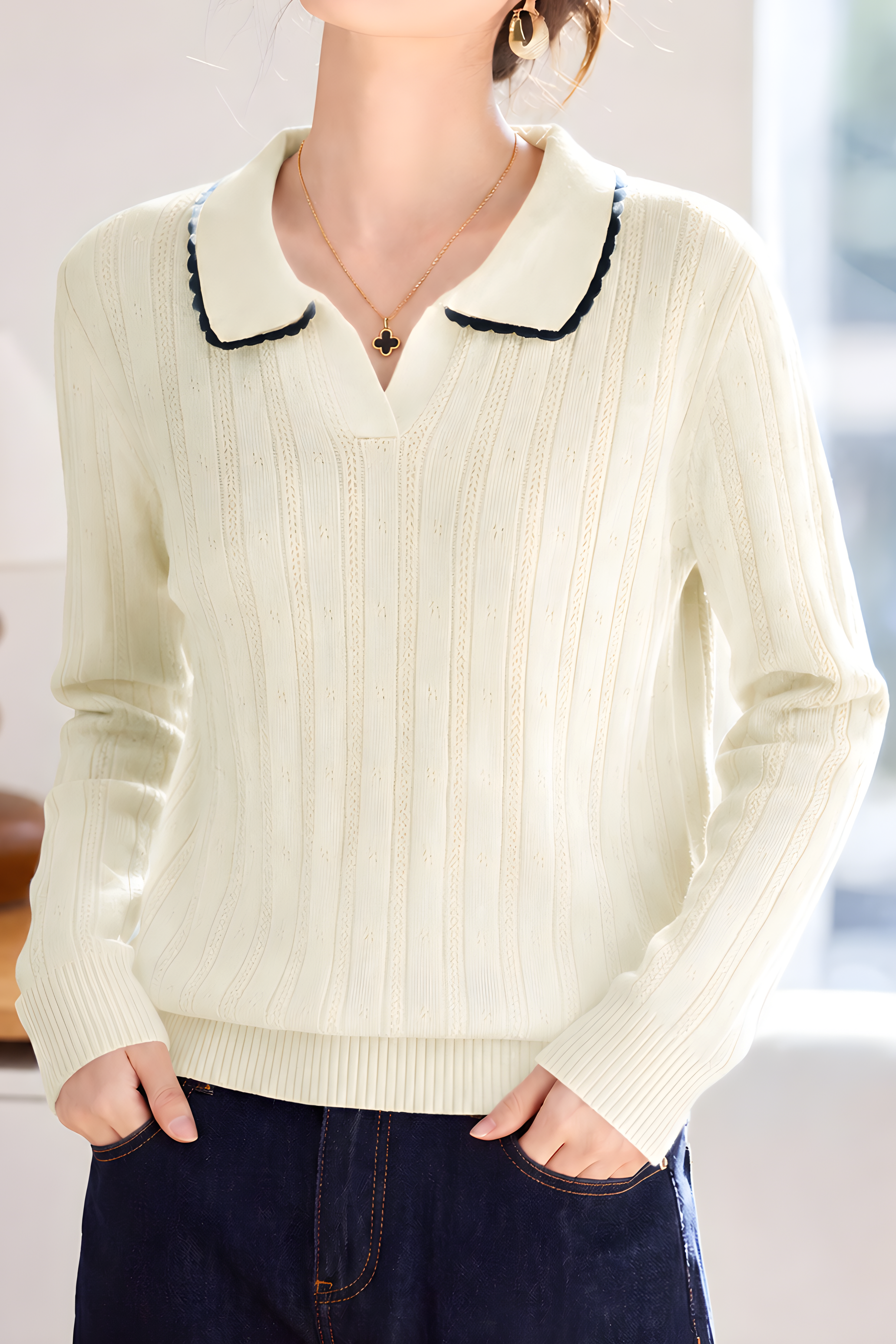 Color‑Block Trimmed Polo Collar Ribbed Knit Top