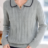 Color‑Block Trimmed Polo Collar Ribbed Knit Top