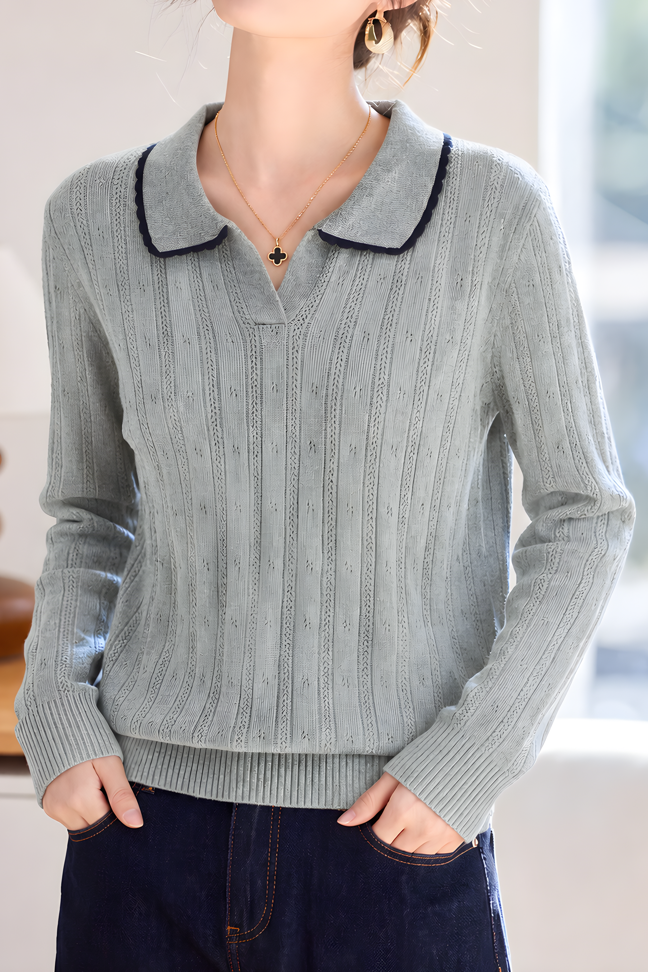 Color‑Block Trimmed Polo Collar Ribbed Knit Top