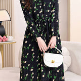 Elegant Ruffled Floral Drawstring Dress