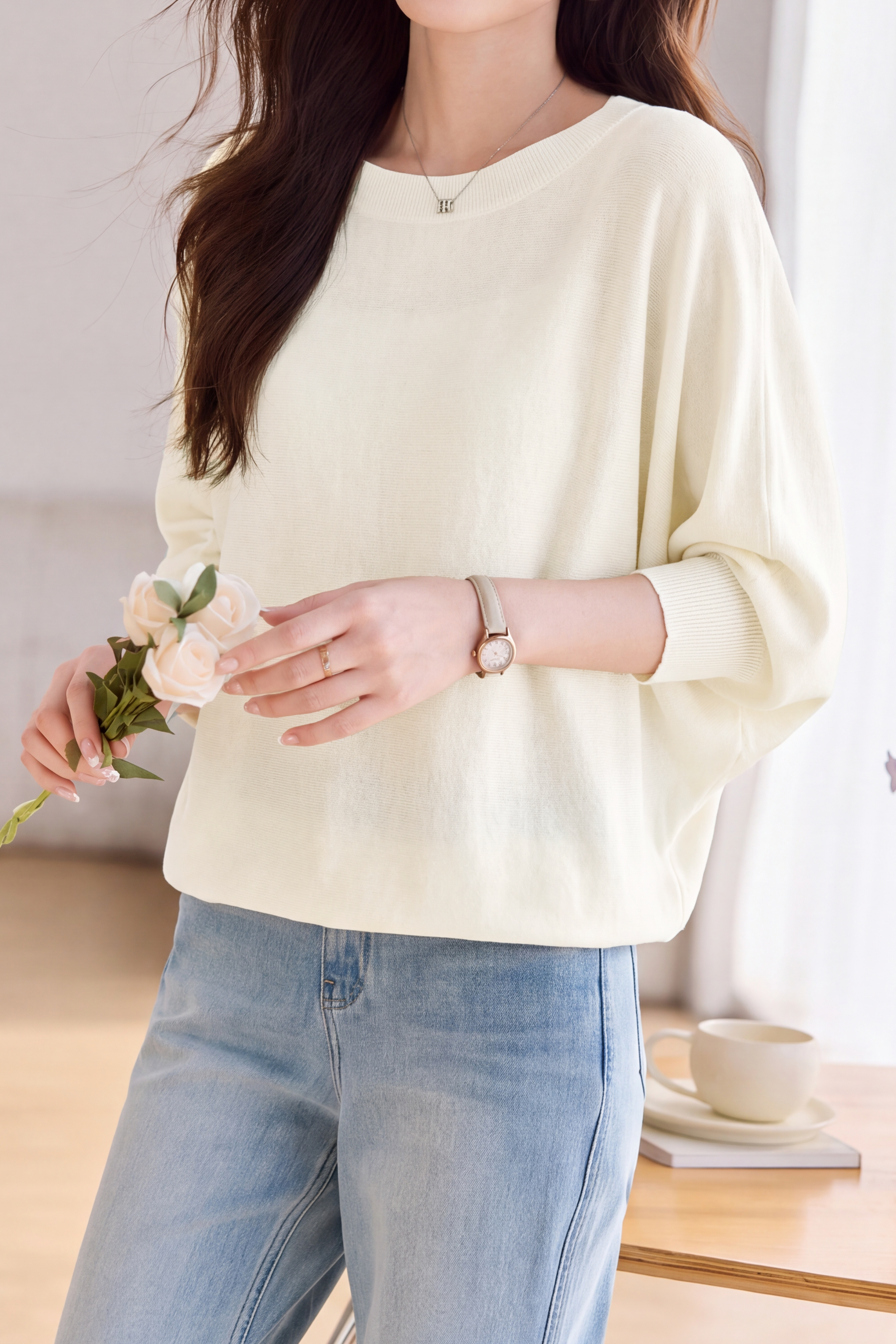 Casual Loose Bat‑Sleeve Crew Neck Knit Top