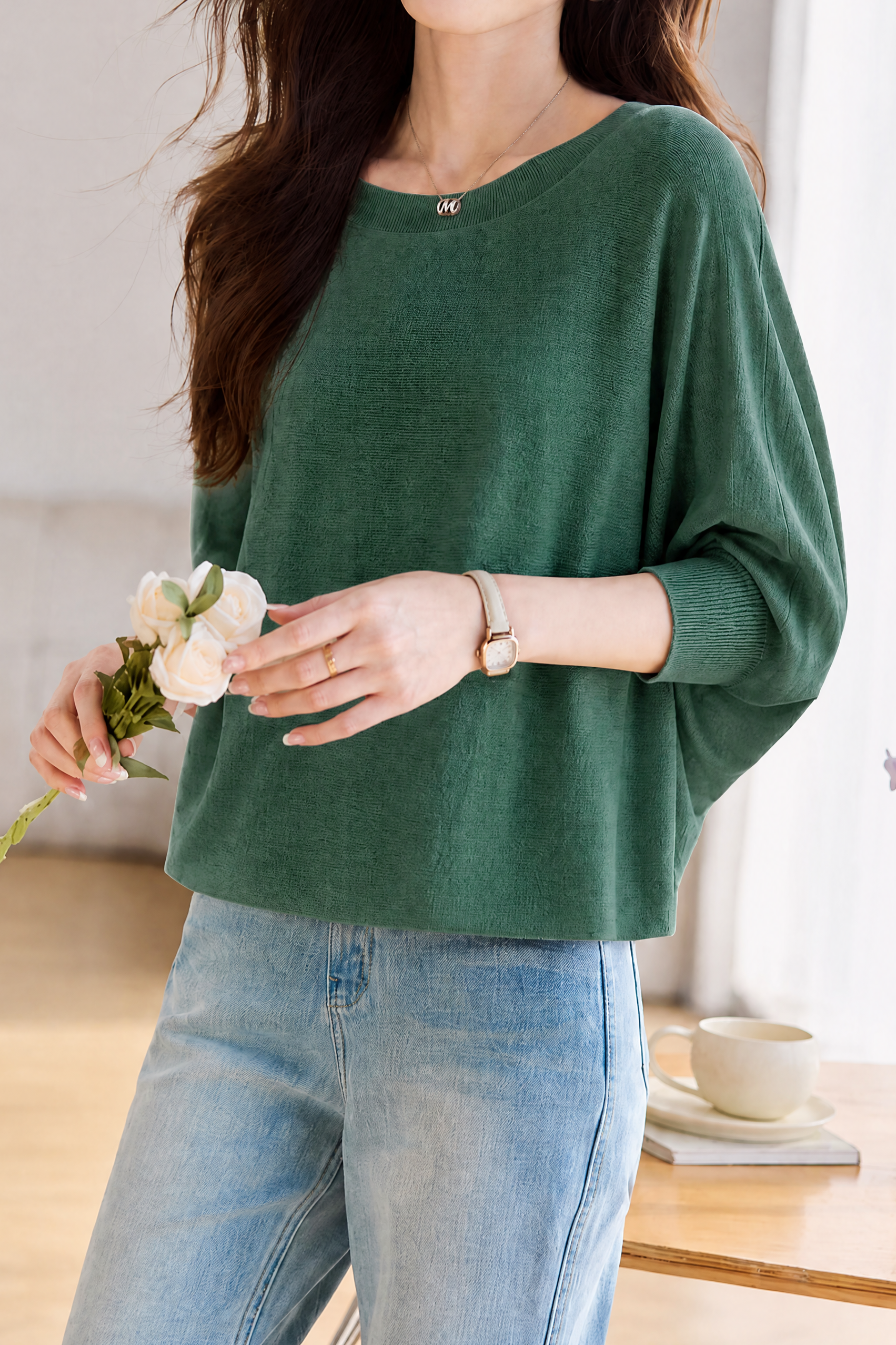 Casual Loose Bat‑Sleeve Crew Neck Knit Top