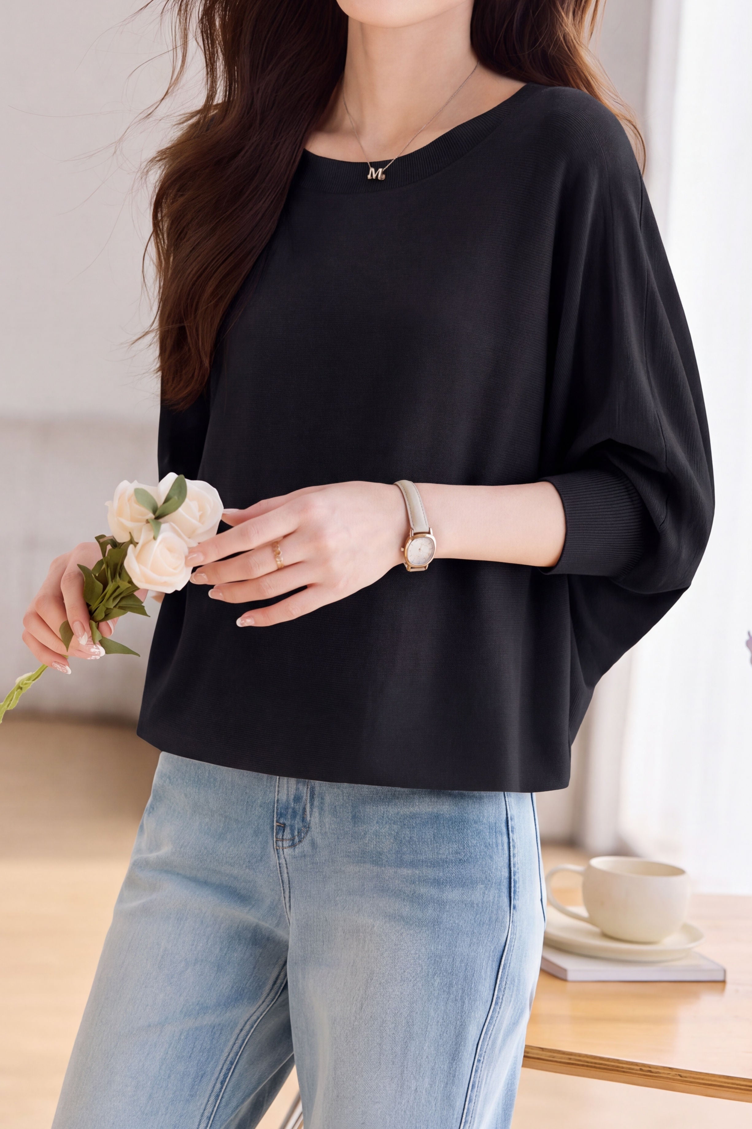 Casual Loose Bat‑Sleeve Crew Neck Knit Top