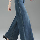 Casual High‑Waisted Washed Wide‑Leg Denim Trousers