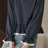 Elegant Plaid Shirt With Lace Trim And Ruffled Hem