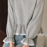 Elegant Plaid Shirt With Lace Trim And Ruffled Hem