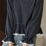 Elegant Plaid Shirt With Lace Trim And Ruffled Hem