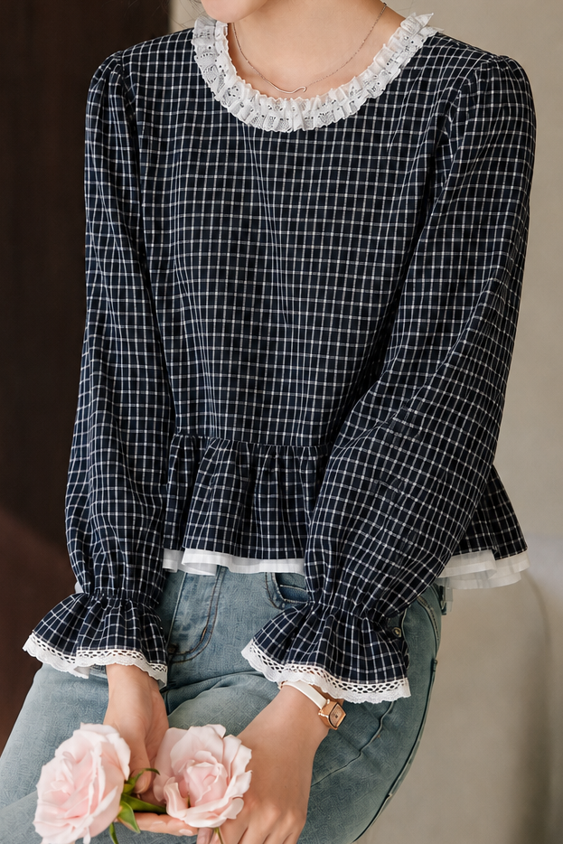 Elegant Plaid Shirt With Lace Trim And Ruffled Hem