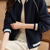 Casual Waffle Baseball Collar Color‑Block Striped Jacket