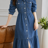 Lapel Denim Dress With Double Patch Pockets And Gathered Ruffle Hem