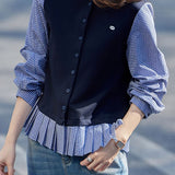 Elegant Commuter Fake Two‑Piece Crew Neck Plaid Long‑Sleeve Shirt