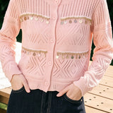 Exquisite V‑Neck Hollow Beaded Long‑Sleeve Knit Cardigan With Lace Trim
